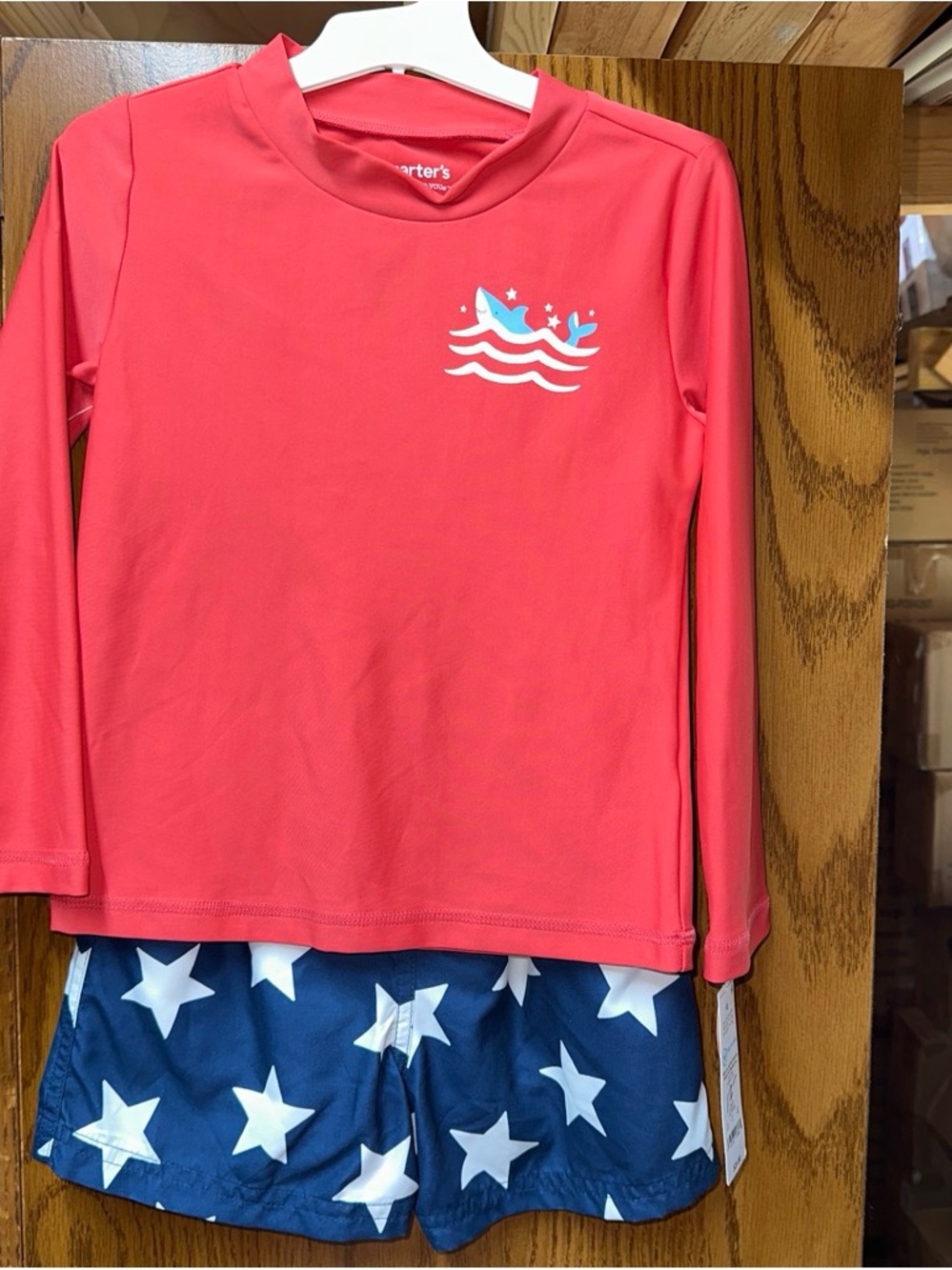 4T Carter's Coral Long-Sleeve Rash Guard with Navy Star Swim Shorts